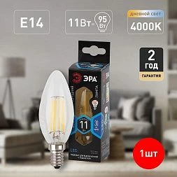 Лампочка светодиодная ЭРА F-LED B35-11W-840-E14 Е14 / Е14 11Вт филамент свеча нейтральный белый свет