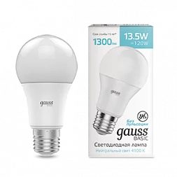 Лампа Gauss Basic A60 13,5W 1300lm 4100K Е27 LED 1/10/50