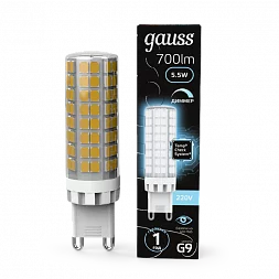 Лампа Gauss G9 AC185-265V 5,5W 700lm 4100K керамика диммируемая LED 1/10/200